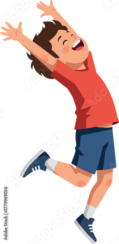 Joyful Boy Jumping with Arms Raised Red Shirt Blue Shorts