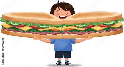 Joyful Boy Holding Oversized Sandwich With Fresh Ingredients In Simple Flat Design