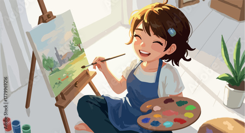 Joyful Girl Paints Landscape Artwork on Easel with Palette in Sunny Room