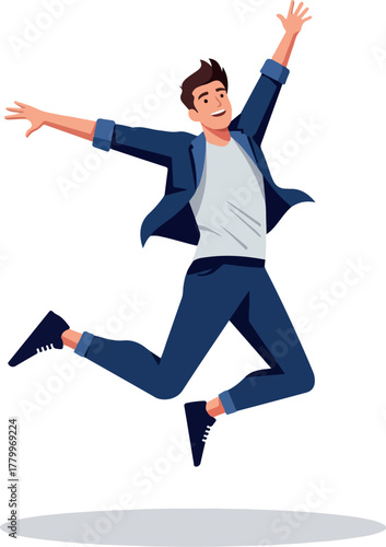 Joyful Man In Blue Outfit Jumping With Arms Outstretched Isolated On White
