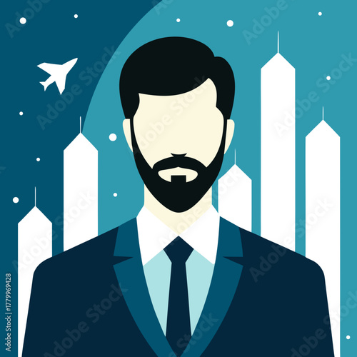 Professional Businessman with City Skyline, Airplane in Modern Corporate Style