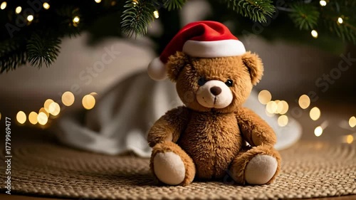 Wallpaper Mural Cute brown teddy bear wearing a festive red Santa hat sitting under a decorated Christmas tree with warm bokeh lights Torontodigital.ca