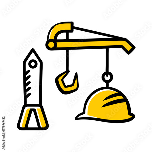 Construction crane, safety helmet, and wedge tool icons for industrial and building concepts