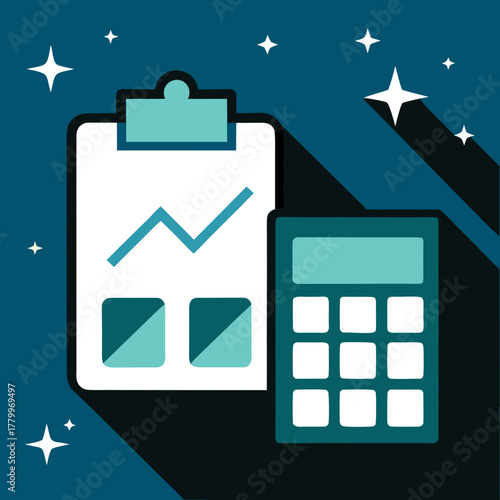 Financial analysis and calculation with a clipboard graph and a calculator icon on a starry blue background