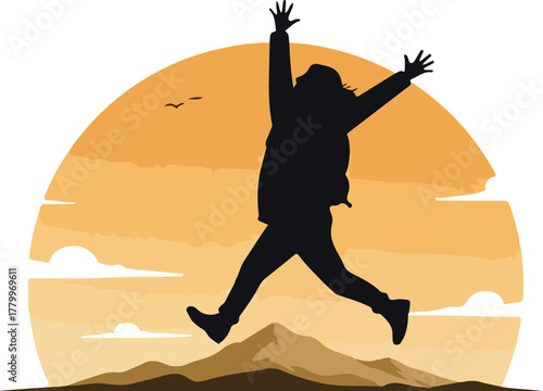 Joyful Silhouette Jumps Over Mountains During Orange Sunset Vector