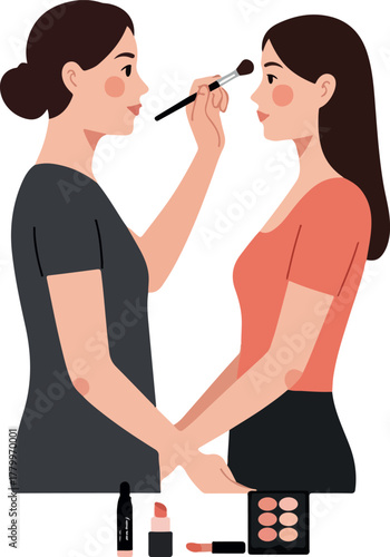 Makeup Artist Applying Cosmetics to Woman Facial Beauty