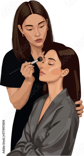 Makeup Artist Applying Foundation on Model with Eyes Closed in Studio