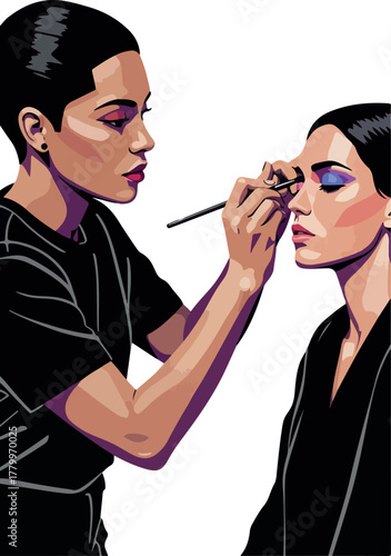 Makeup Artist Applying Eye Shadow to Model Face White Background