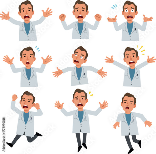 Male Doctor Set Expressing Shock Fear Panic And Stress In Flat Design