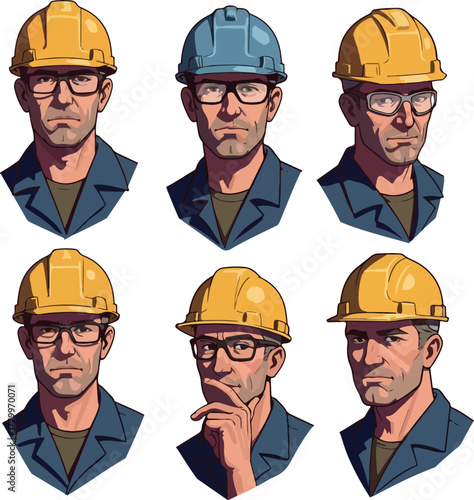 Male Workers Wear Hard Hats and Glasses Multiple Poses Vector