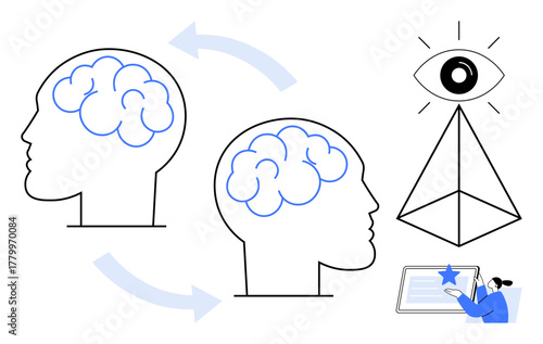 Two interconnected brains symbolize knowledge transfer, arrows imply process flow, pyramid and eye convey awareness. Ideal for innovation, learning, education, creativity, growth, insight vision