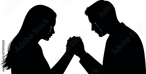 Man and Woman Silhouette Arm Wrestling Competition White Background