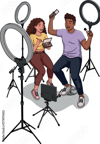 Man and Woman Vlogging with Ring Lights and Phone