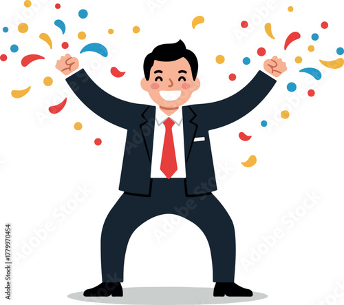 Man Celebrating Success With Confetti In Business Suit Isolated