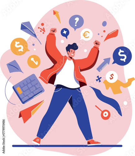 Man Celebrates Success With Financial Symbols And Calculator Illustration