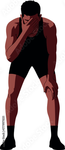 Man In Black Tank Top Black Shorts Shows Distress And Covers Face