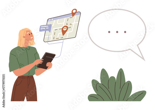 Woman holding a tablet accessing a map with marked locations, speech bubble indicating thought or discussion, and plants. Ideal for navigation, travel, communication, technology, planning