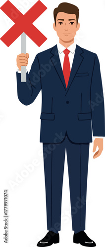 Man in Blue Suit Red Tie Holds Red X Sign Isolated