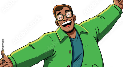 Man In Green Jacket With Glasses Opens Arms Wide Vector Art