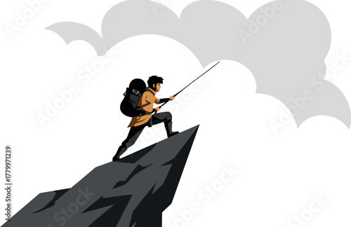 Man in Orange Jacket Fishing From Rocky Peak Under Cloudy Sky