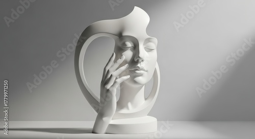 Abstract White Sculpture of a Woman's Face with Elegant Hand Against Soft Gray Background with Dramatic Light Rays