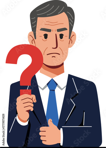 Man In Suit Holding Red Question Mark Confused Questioning Doubt