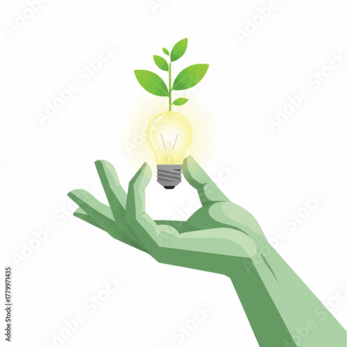 Green Hand Holding Glowing Lightbulb with Sprouting Plant.