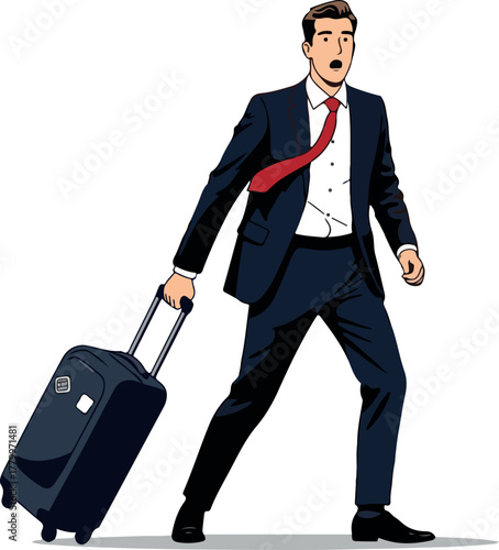Man In Suit Pulling Luggage Surprise Expression Isolated