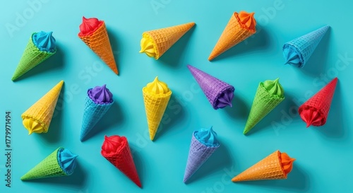 Colorful Ice Cream Cones on Blue Background.