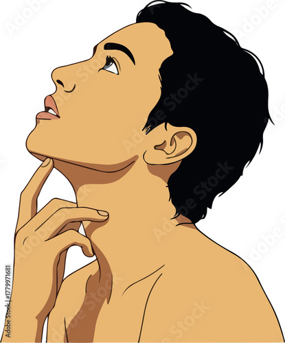 Man Looking Upward Thoughtful Pose with Hand on Chin Skin Tone