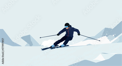 Man Skiing Down Snowy Mountain Slope In Minimalist Style