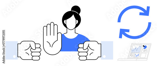 Woman raises hand to stop conflict between two hands, symbolizing resolution. Arrows indicate process continuity, and a data dashboard suggests analytics. Ideal for communication, teamwork