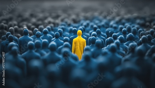 A single person stands out from a crowd of people, representing individuality, uniqueness, and standing apart from the masses, with a focus on difference.