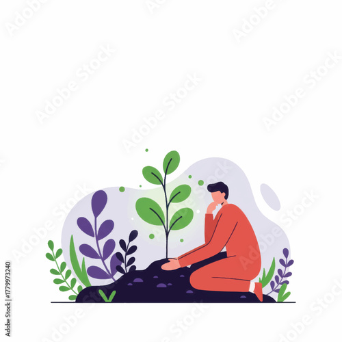 Man planting a tree in the garden environmental protection concept.