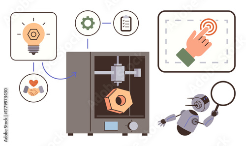 3D printer creating object, robot with magnifier, touch interface, gears, handshake, and light bulb. Ideal for innovation, automation, prototyping teamwork technology problem-solving simple flat