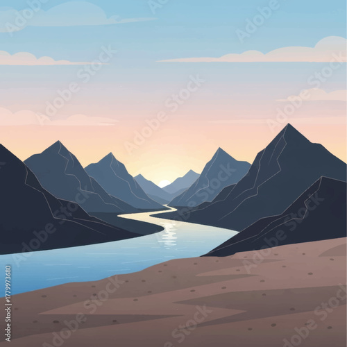 Serene River Winding Through Majestic Mountain Valley at Sunset.