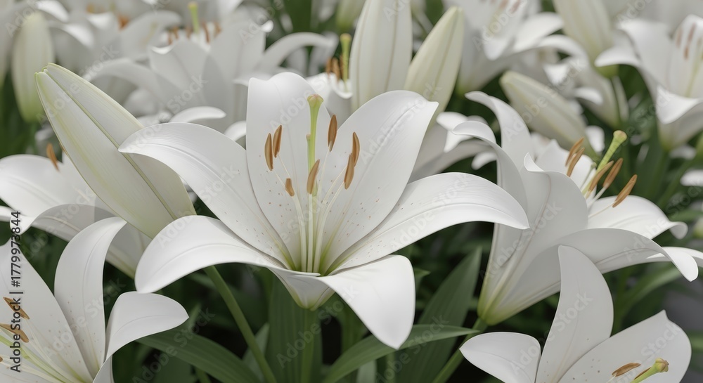 Fototapeta premium Close Up Of Many White Lily Flowers In Full Bloom With Green Stems And Yellow Pollen