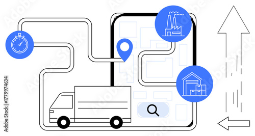 Delivery truck on a planned route across a digital map with markers, stopwatch, factory, and warehouse icons. Ideal for logistics, supply chain, e-commerce, transportation, efficiency navigation