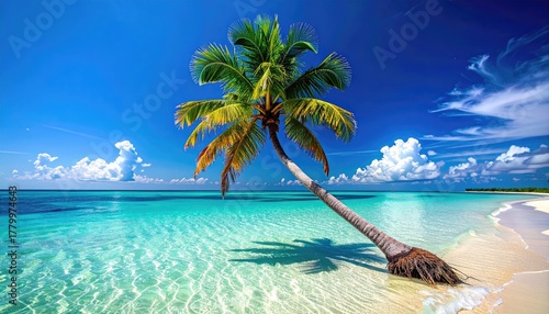 Fototapeta Naklejka Na Ścianę i Meble -  A lone palm tree leans over a pristine white sand beach beside crystal clear turquoise ocean water under a bright blue sky with scattered clouds