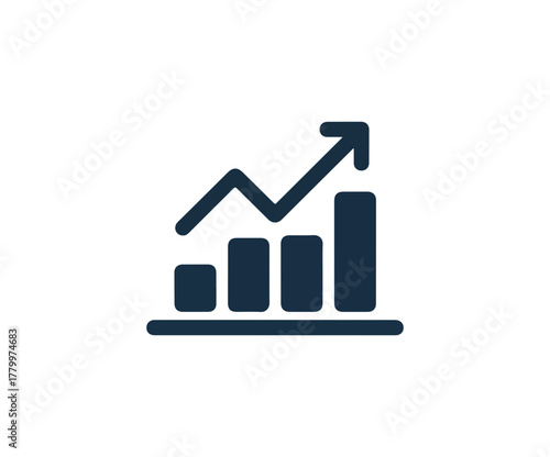 Simple dark blue ascending bar chart icon with arrow on black background