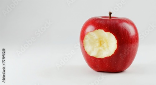 Red Apple Temptation: A close-up shot of a vibrant red apple with a bite taken out of it, revealing its juicy interior, evokes a sense of freshness and temptation.
