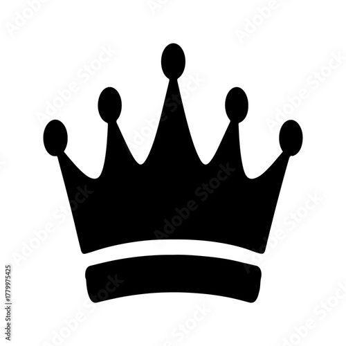 Simple black silhouette of a royal crown with five points and a base on a transparent background representing royalty power and leadership