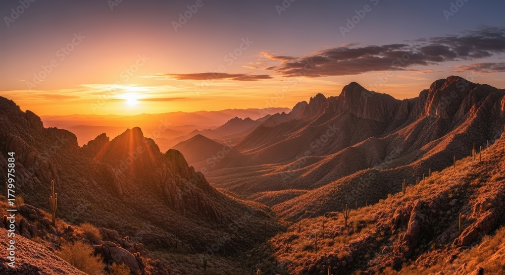 Fototapeta premium Dramatic Sunset Over Rugged Desert Mountains With Silhouetted Cacti And Distant Valley