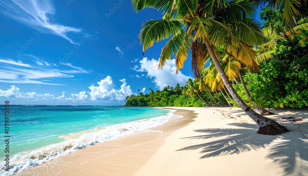 Obraz premium Aerial View of a Tropical Beach Paradise with Palm Trees Lush Greenery and Crystal Clear Turquoise Water Under a Bright Blue Sunny Sky with Fluffy Clouds