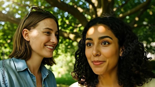 Two diverse young adult women sharing a secret or gossip outdoors, one whispering into the other's ear who reacts with a surprised and shocked expression in a sunny park.