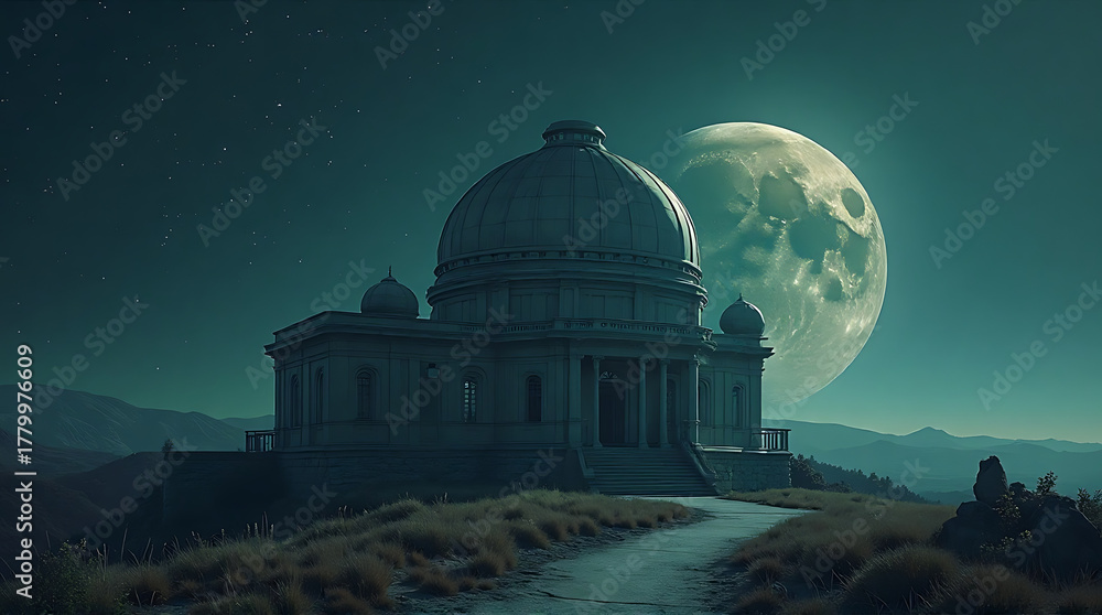 Obraz premium A domed observatory building sits atop a hill under a night sky with a large, bright moon, with a path leading up to it.