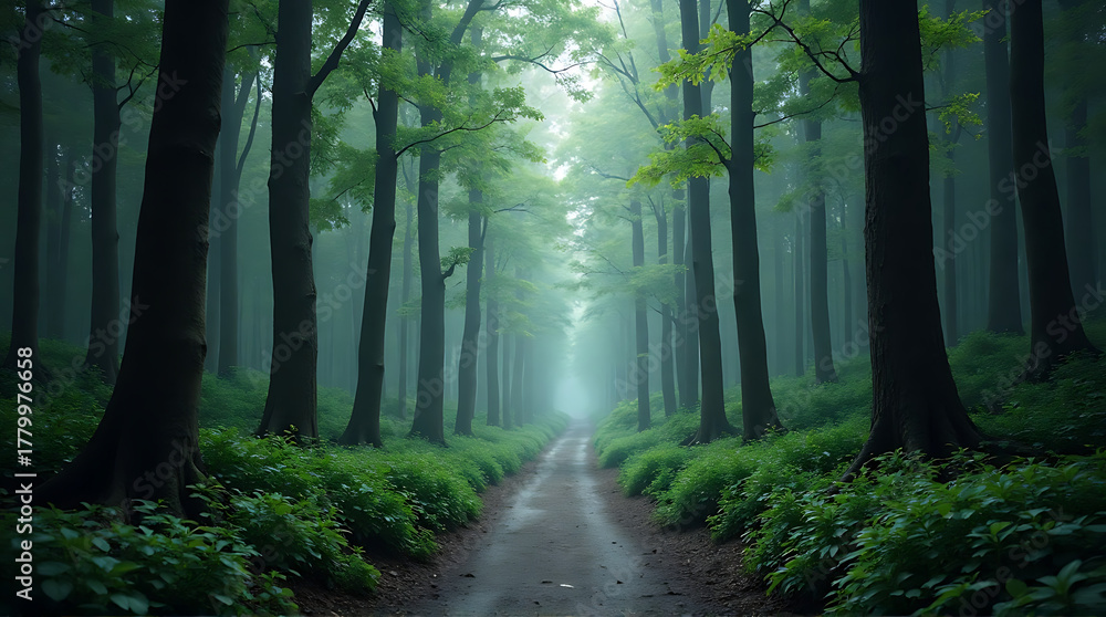 Naklejka premium A path winds through a dense forest with tall trees, lush green foliage, and a misty atmosphere creating a serene and tranquil scene.