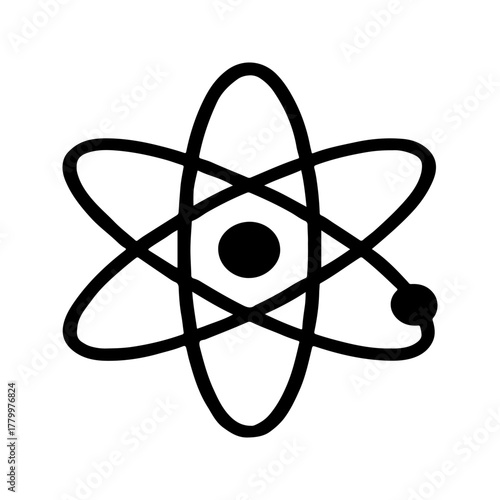 Simple hand drawn black outline illustration of an atom symbol with nucleus and orbiting electron on a transparent background for science and education concepts