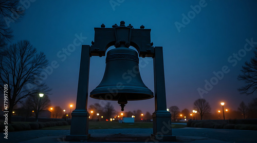 The Liberty Bell stands silhouetted against a dark blue and purple twilight sky, surrounded by trees and streetlights in Philadelphia.