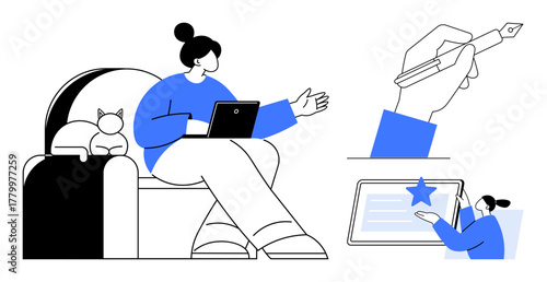 Woman seated with laptop on cozy couch, cat nearby. Handwriting with fountain pen and editing graphics on tablet. Ideal for creativity, freelancing, remote work, content creation, education